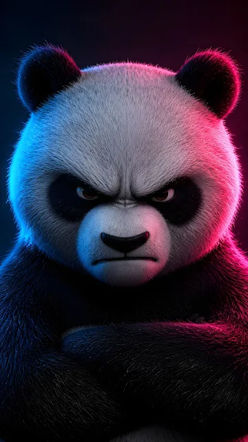 Dramatic close-up 3D rendered portrait of an expressive angry panda face lit by pink neon on one side and cool blue on the other.