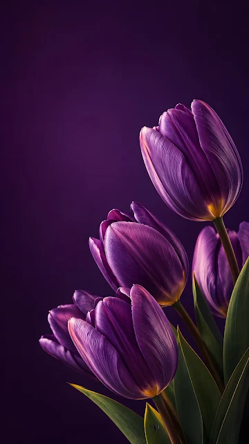 Close-up of vibrant purple tulip petals with fine texture against a solid dark purple background.