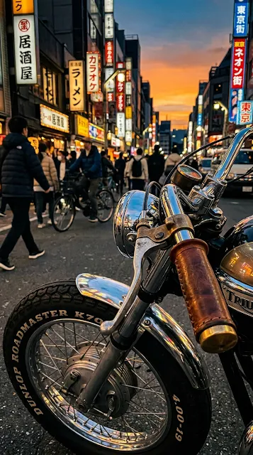 Close-up of Vintage Motorcycle with Urban Neon Background - Free 4K & 8K mobile Wallpaper