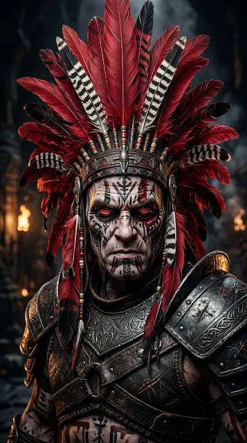 Close-up of Warrior in Colossal Red and Black Indigenous Headdress - Free 4K & 8K mobile Wallpaper