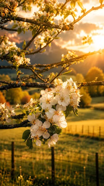 Close-up photograph of white tree blossoms on branches lit by warm golden sunlight in a rural countryside setting.