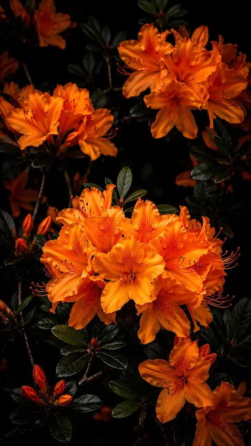 Vertical photography of bright orange azalea flower clusters blooming against dark evergreen leaves and a black background.