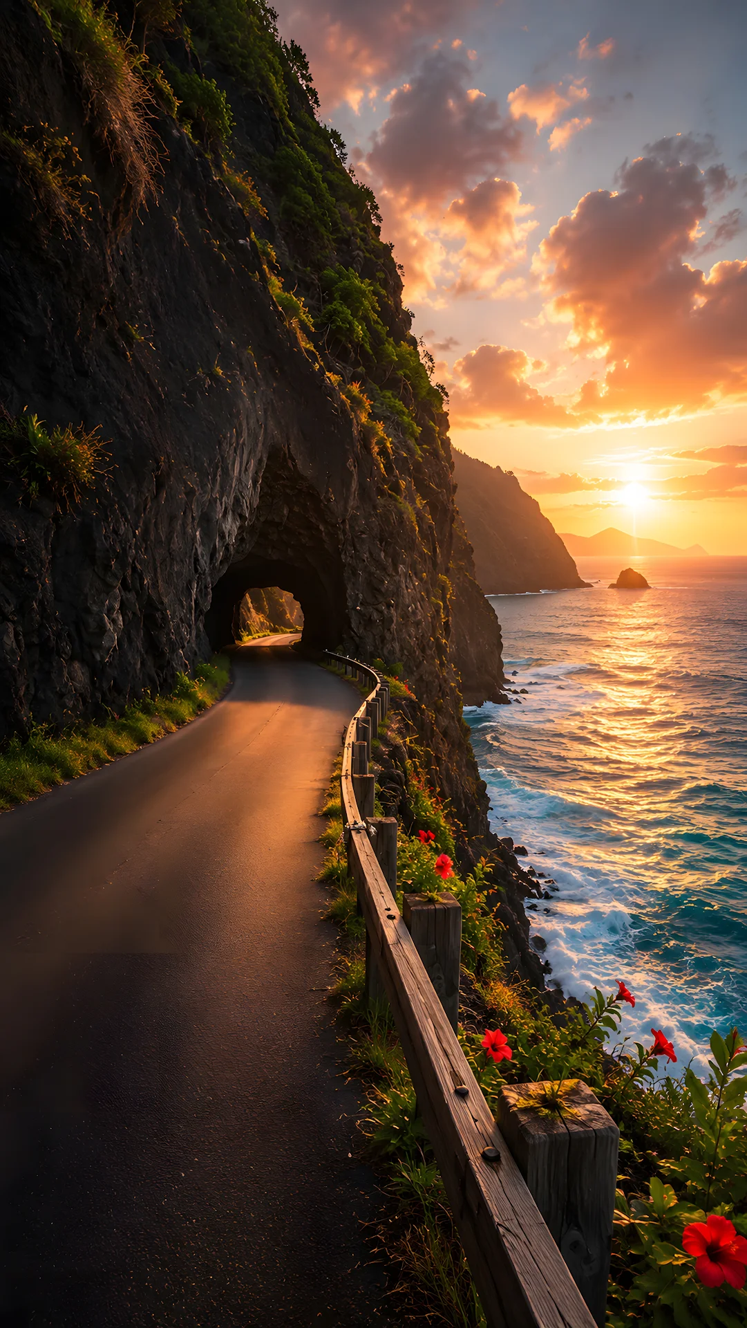Coastal Cliff Road Glowing at Sunset - Free 4K mobile Wallpaper