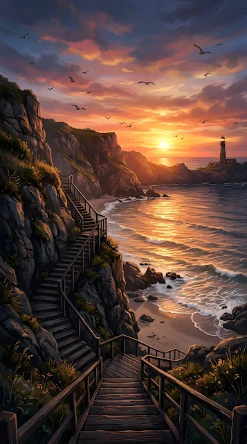 Coastal Cliffside at Sunset with Wooden Staircase and Lighthouse - Free mobile Wallpaper