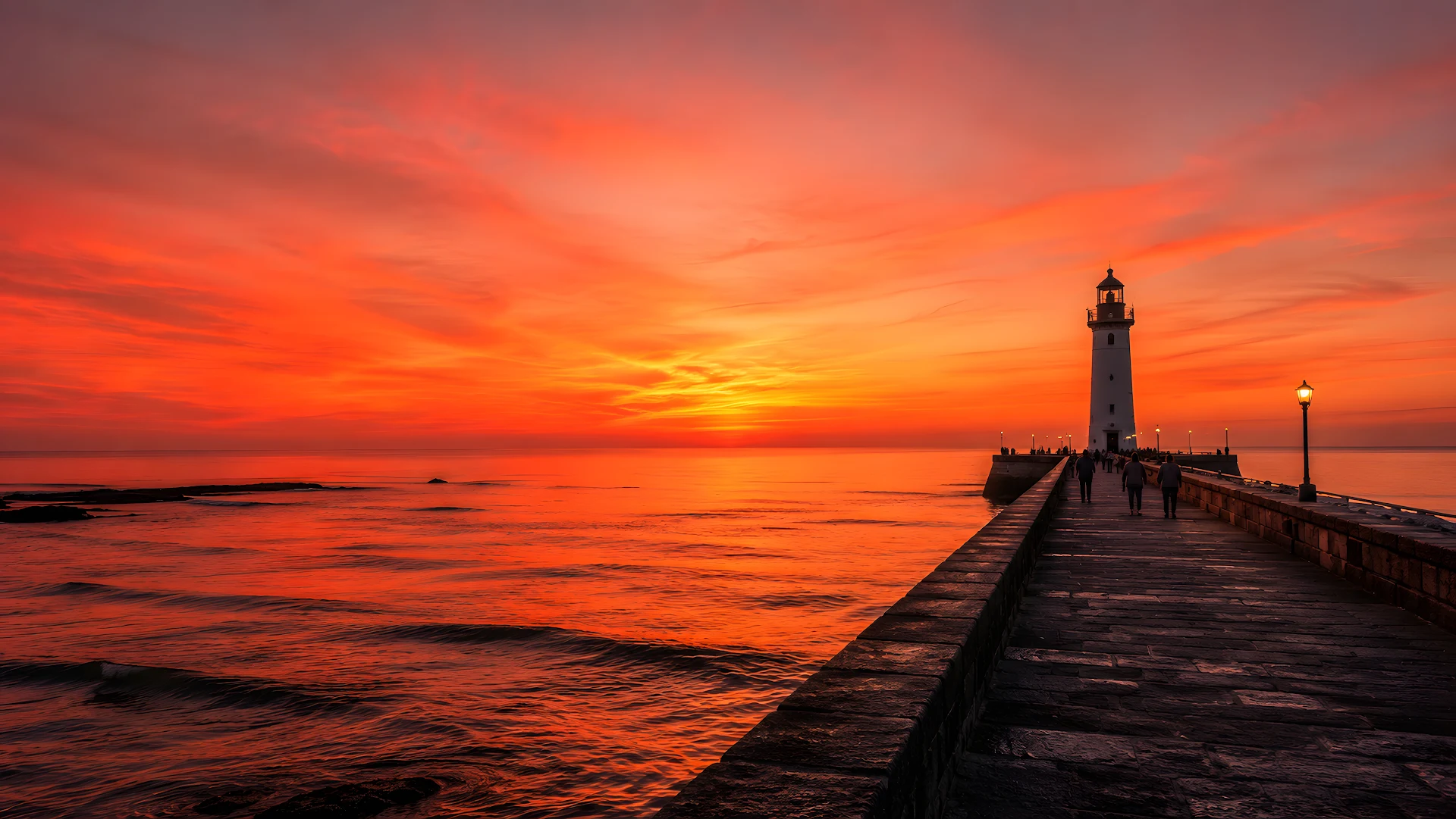 Coastal Lighthouse and Pier at Sunset - Free 4K desktop Wallpaper
