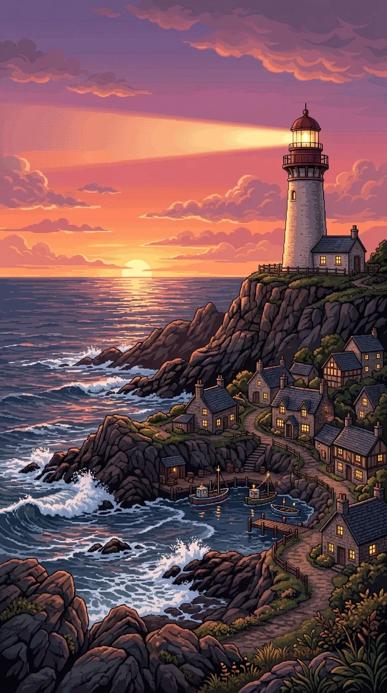 Coastal Sunset with Lighthouse and Glowing Seaside Cottages - Free 8K and 4K mobile Wallpaper Background