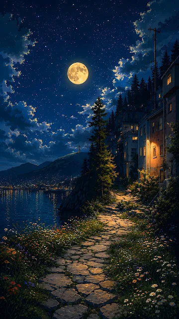 A moonlit cobblestone path lined with blooming flowers leads along a calm bay beside a hillside town under a starry night sky.