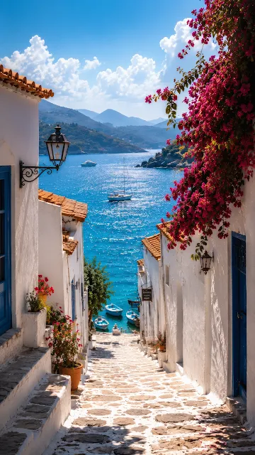 A picturesque white stone pathway flanked by whitewashed houses with magenta bougainvillea leading down to a turquoise sea with boats.
