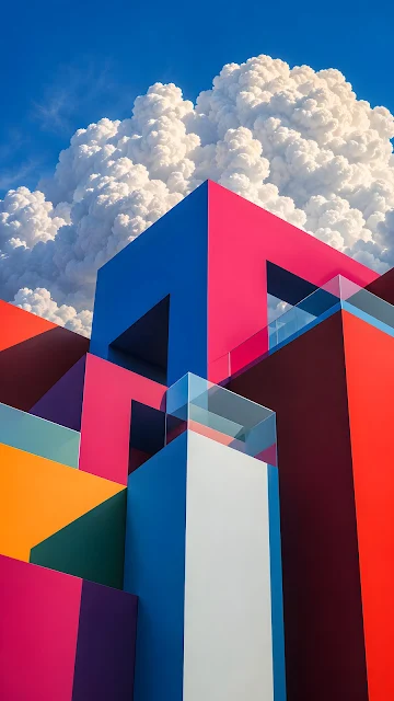 Vivid modular architectural block sculpture in magenta, blue, and orange under fluffy white clouds.