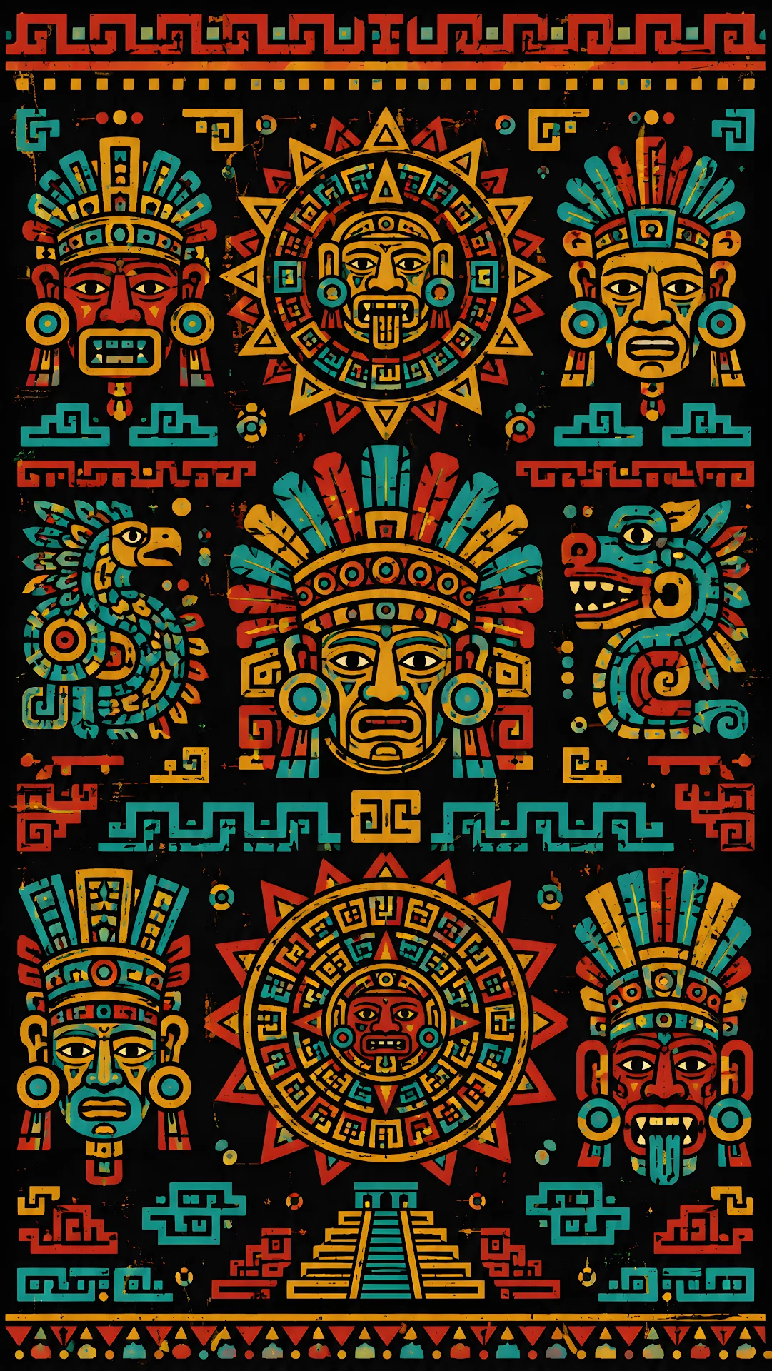 Colorful Aztec and Mayan tribal pattern with symbolic masks - Free 4K mobile Wallpaper