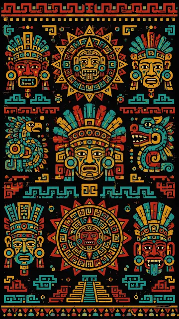 A vertical pattern of stylized Aztec and Mayan tribal masks and geometric symbols in blue, red, and yellow on a dark background.