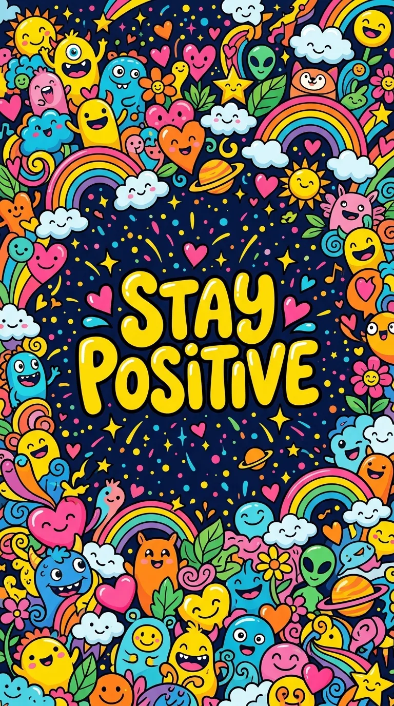 Colorful Doodle Art Background with 'Stay Positive' Typography - Free 8K and 4K mobile Wallpaper Background