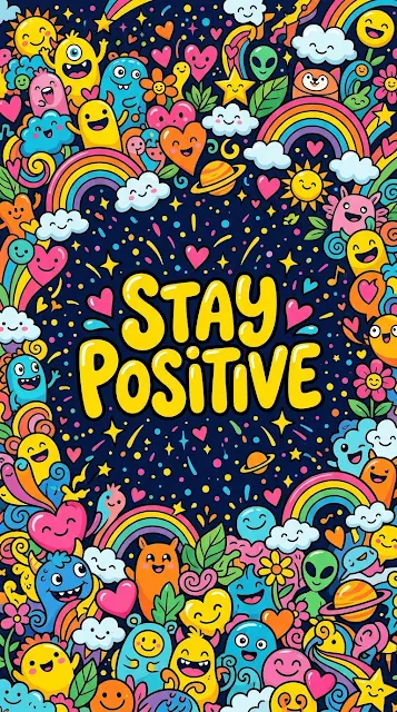 Colorful Doodle Art Background with 'Stay Positive' Typography - Free 4K & 8K mobile Wallpaper