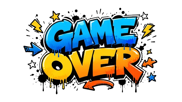 Colorful Game Over graffiti text with blue and yellow block letters, surrounded by spray paint drips, stars, and lightning bolts on white background.