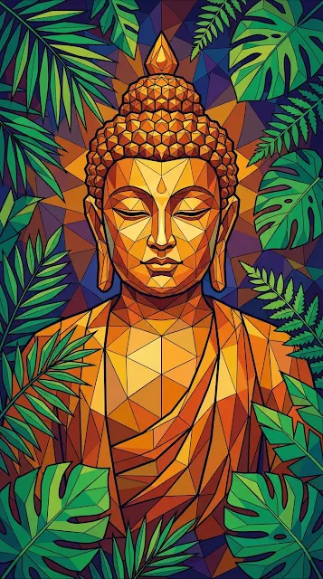 Colorful Geometric Polygonal Buddha Face with Closed Eyes - Free 4K & 8K mobile Wallpaper