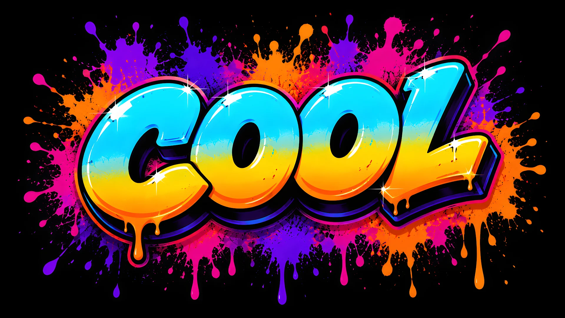 Colorful graffiti bubble text saying cool with vibrant paint splatters - Free 4K desktop Wallpaper