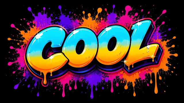 Vibrant blue and yellow bubble letters spelling COOL surrounded by dripping neon paint splatters on a black field.