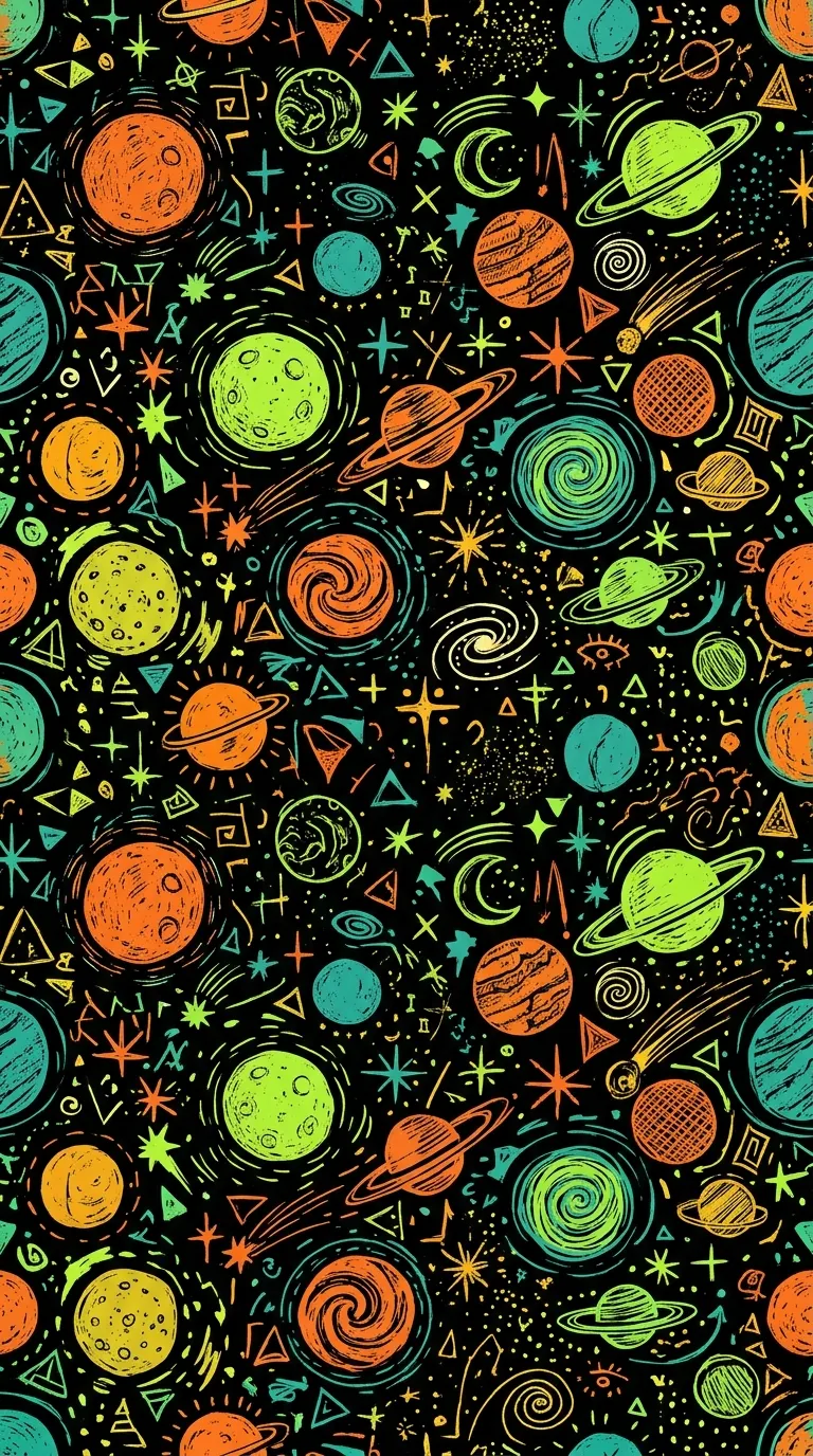 Colorful Hand-Drawn Abstract Space Planets and Stars Pattern - Free 8K and 4K mobile Wallpaper Background