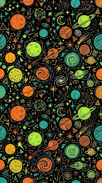 Colorful Hand-Drawn Abstract Space Planets and Stars Pattern - Free 4K & 8K mobile Wallpaper