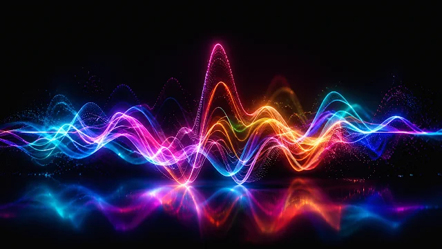 Vibrant glowing multi-colored light trails and particle soundwaves reflecting on a sleek dark surface against a black backdrop.