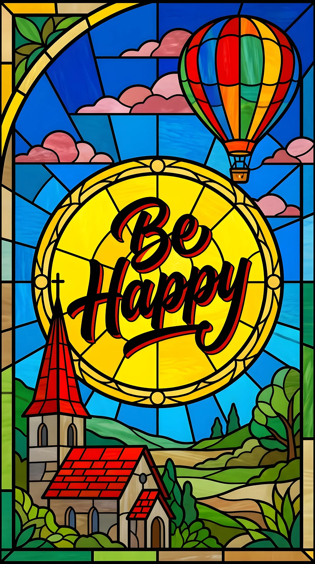 Colorful Pop Art Graphic Featuring the Text Be Happy with Hot Air Balloon - Free 4K mobile Wallpaper