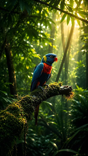 A vibrant blue and orange lorikeet perched on a moss-covered branch surrounded by lush sunlit jungle foliage.