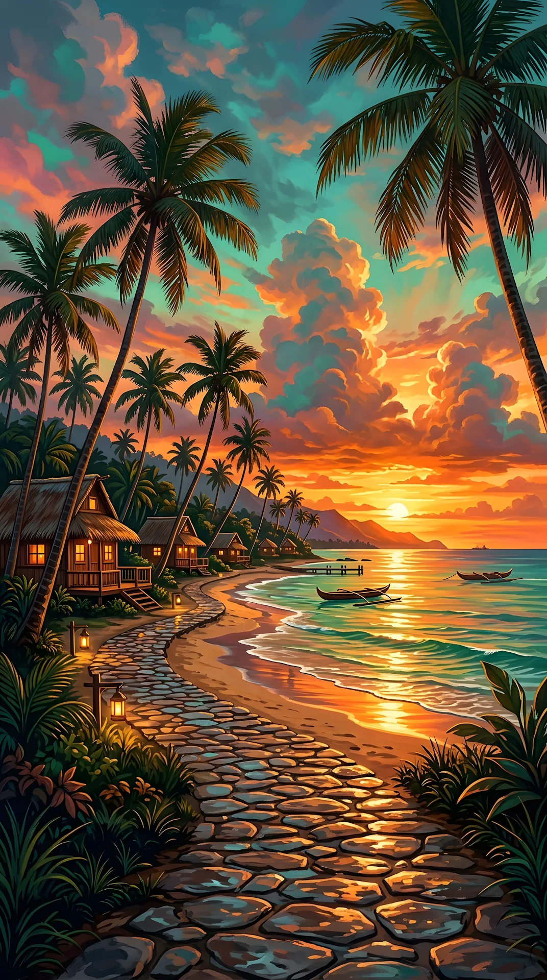 Colorful Tropical Beach Sunset With Palm Trees And Huts - Free 4K mobile Wallpaper