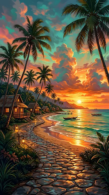 Colorful Tropical Beach Sunset With Palm Trees And Huts - Free mobile Wallpaper