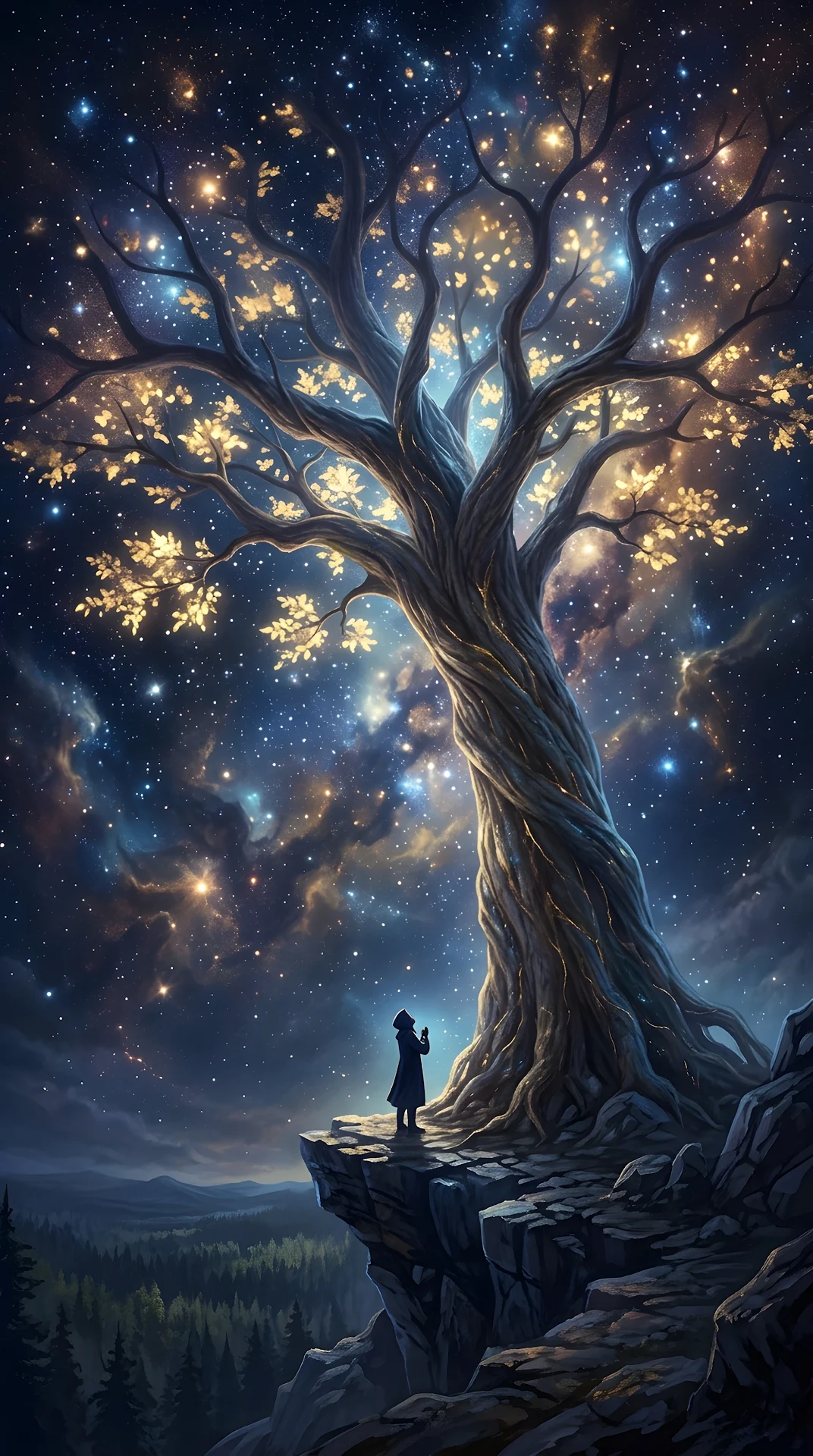 Colossal Ancient Cosmic Tree Glowing in a Starry Void - Free 4K mobile Wallpaper