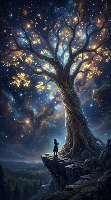 Colossal Ancient Cosmic Tree Glowing in a Starry Void - Free mobile Wallpaper