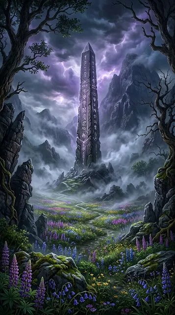 Colossal Stone Obelisk in Misted Valley with Purple and Silver Glow - Free 4K & 8K mobile Wallpaper