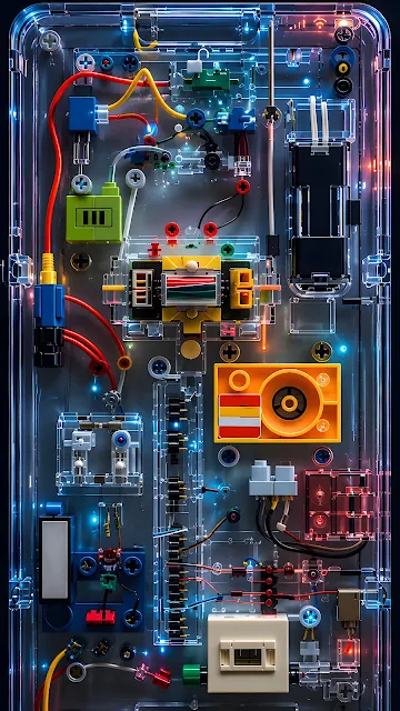 Colourful wires, switches and modular electronics sit beneath a transparent panel with blue and red edge lighting.