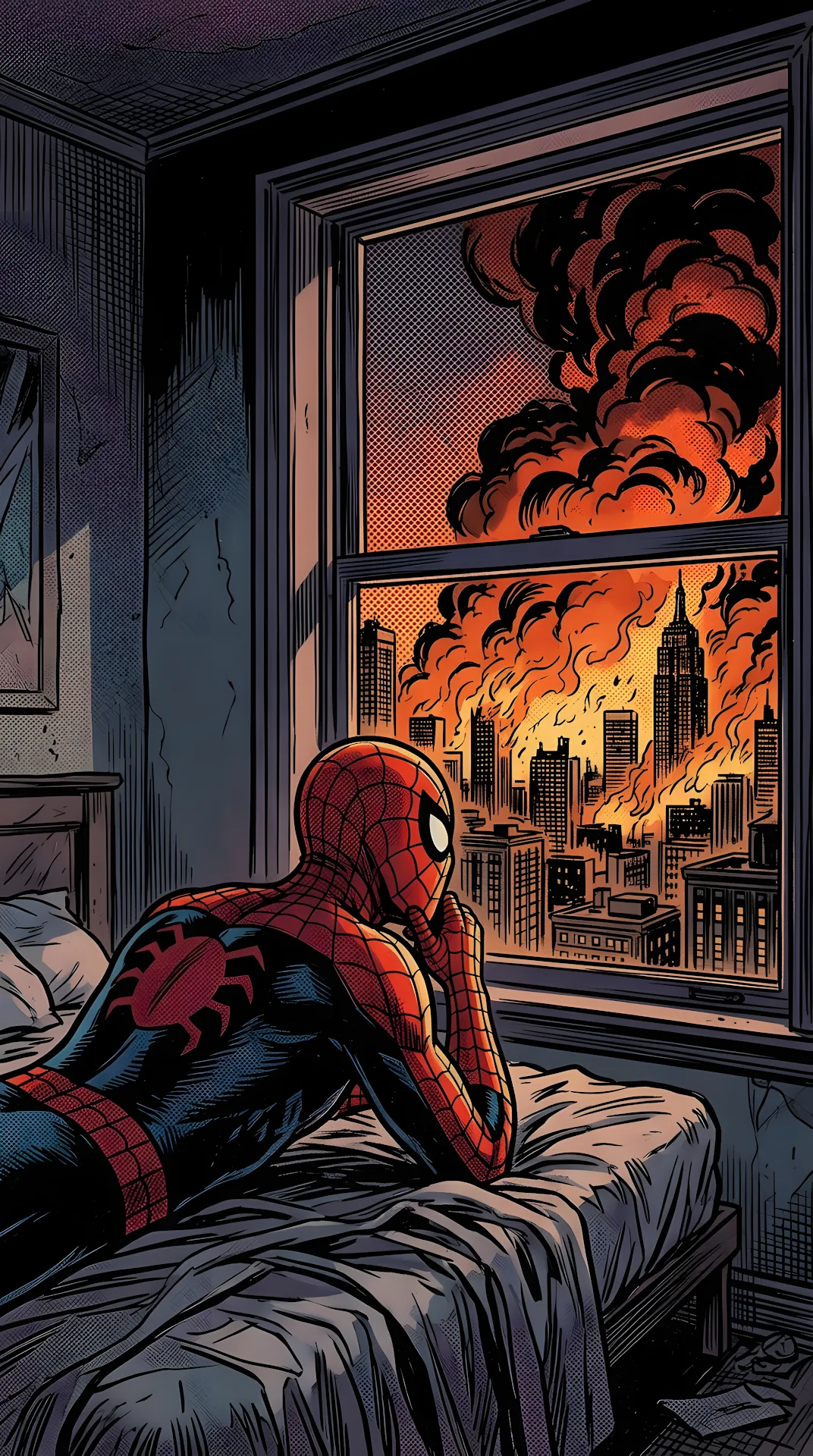 Comic Art of Masked Superhero Overlooking a Burning City Skyline - Free 4K mobile Wallpaper