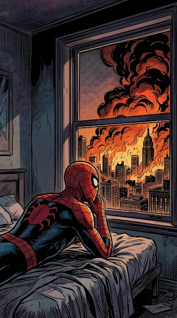 Comic Art of Masked Superhero Overlooking a Burning City Skyline - Free mobile Wallpaper