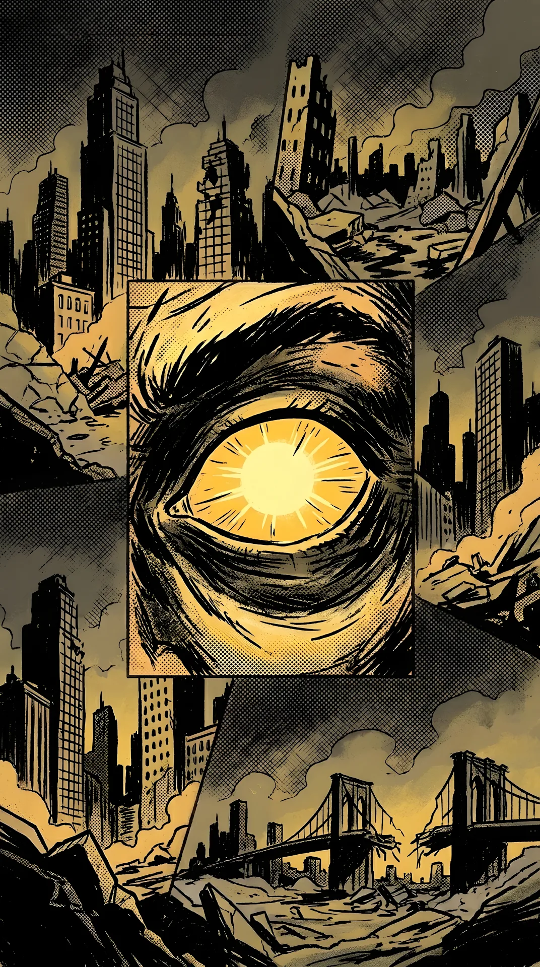 Comic Book Style Panel with Close-Up of Yellow Eye and Urban Ruins - Free 4K mobile Wallpaper