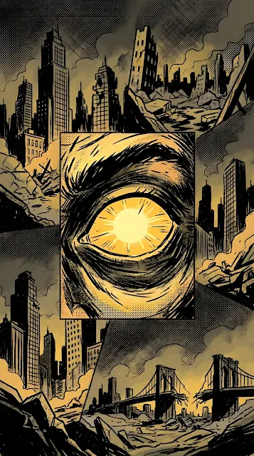 Comic Book Style Panel with Close-Up of Yellow Eye and Urban Ruins - Free mobile Wallpaper