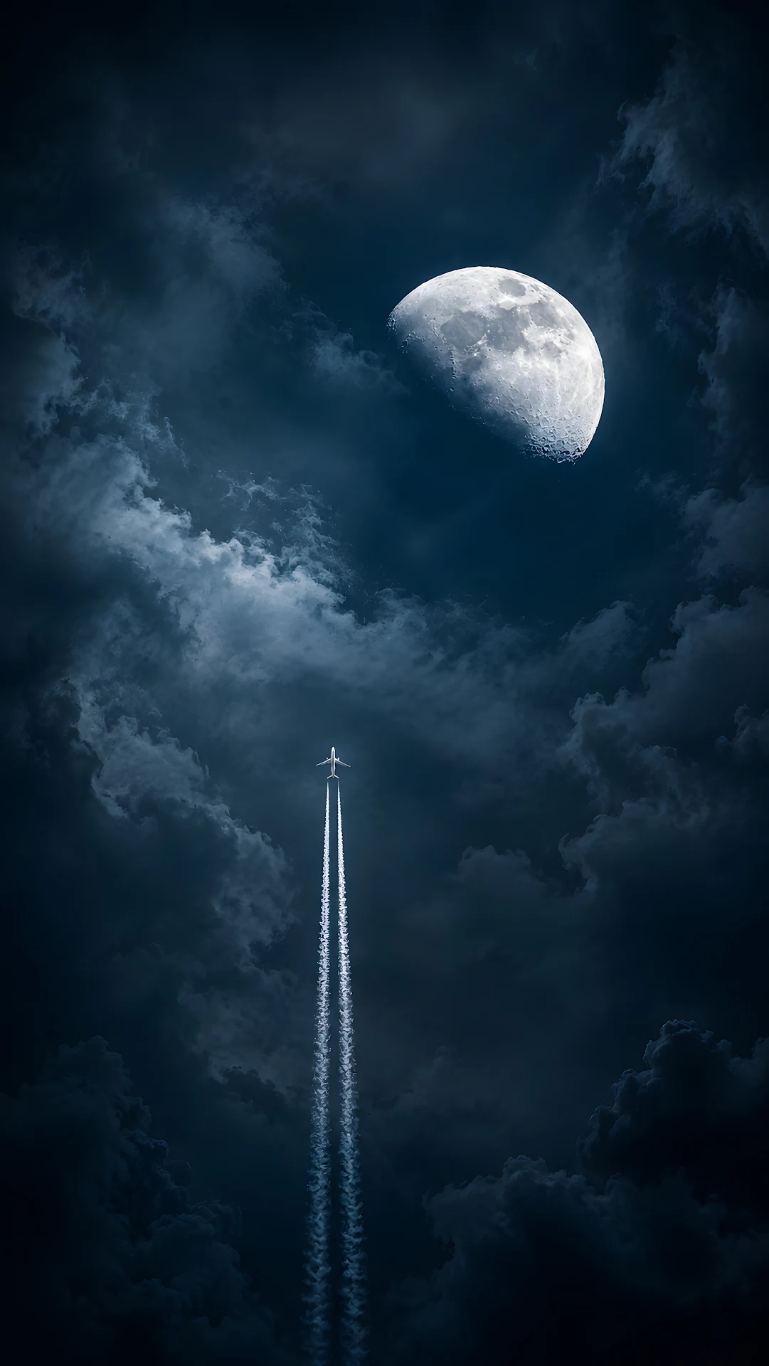 Commercial airplane flying toward a half moon in night sky - Free 4K mobile Wallpaper