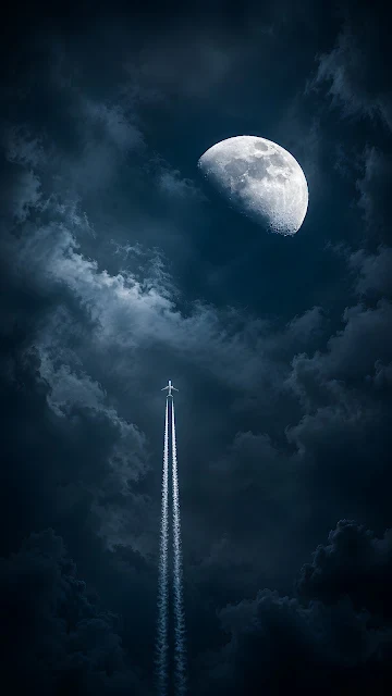 A jet leaving white condensation trails flies vertically toward a large half moon against a dark cloudy night sky.