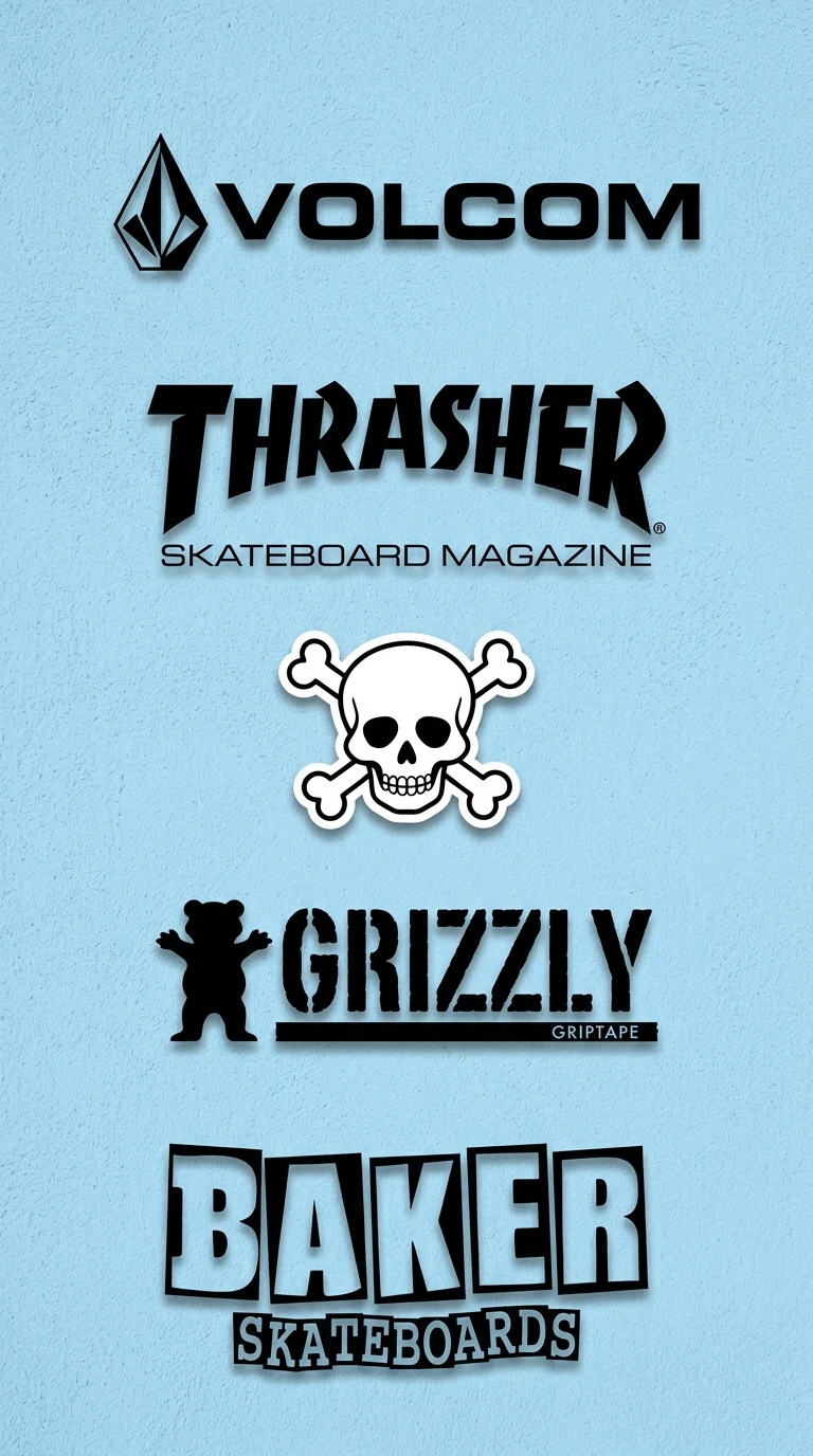 Download Compilation of Popular Skateboard Brand Logos on Textured Blue Wall Wallpaper in 4K UHD Compilation of Popular Skateboard Brand Logos on Textured Blue Wall - Free 8K and 4K mobile Wallpaper Background