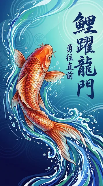 Contemporary Japanese Koi Fish Swimming Upstream with Calligraphy - Free 4K & 8K mobile Wallpaper