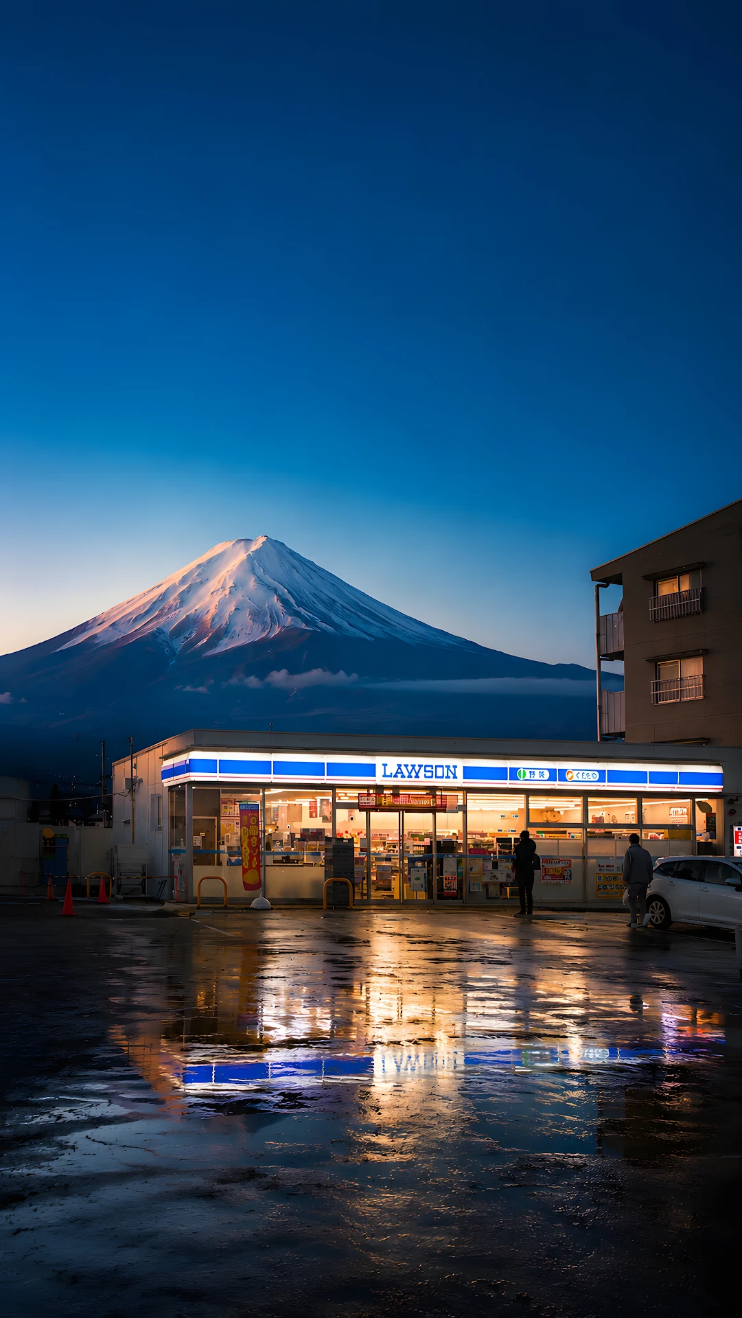 Convenience Store Front with Snowcapped Mount Fuji at Dusk - Free 4K mobile Wallpaper