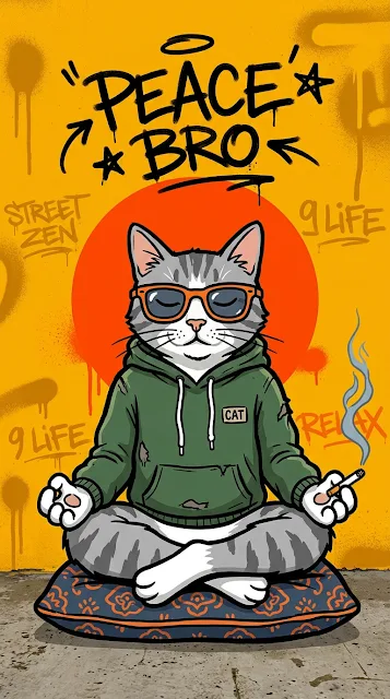 Cool Cartoon Cat Meditating in Hoodie on Bright Yellow Background - Free 4K & 8K mobile Wallpaper