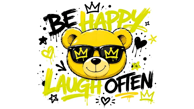 Cool yellow teddy bear wearing black sunglasses surrounded by Be Happy and Laugh Often graffiti text on white background.