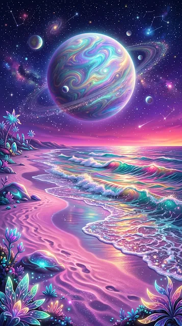 Cosmic Beach Landscape with Giant Iridescent Planet and Pink Sand - Free 4K & 8K mobile Wallpaper