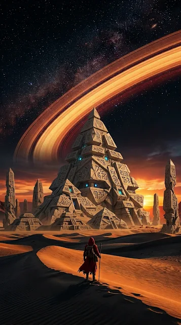 Cosmic Desert Pyramids under Glowing Planetary Rings Wallpaper - Free 4K & 8K mobile Wallpaper