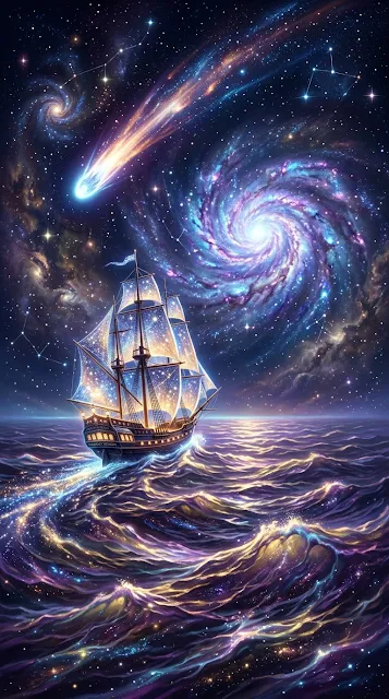 Cosmic Ocean with Stardust Sail Ship and Glowing Comet - Free 4K & 8K mobile Wallpaper