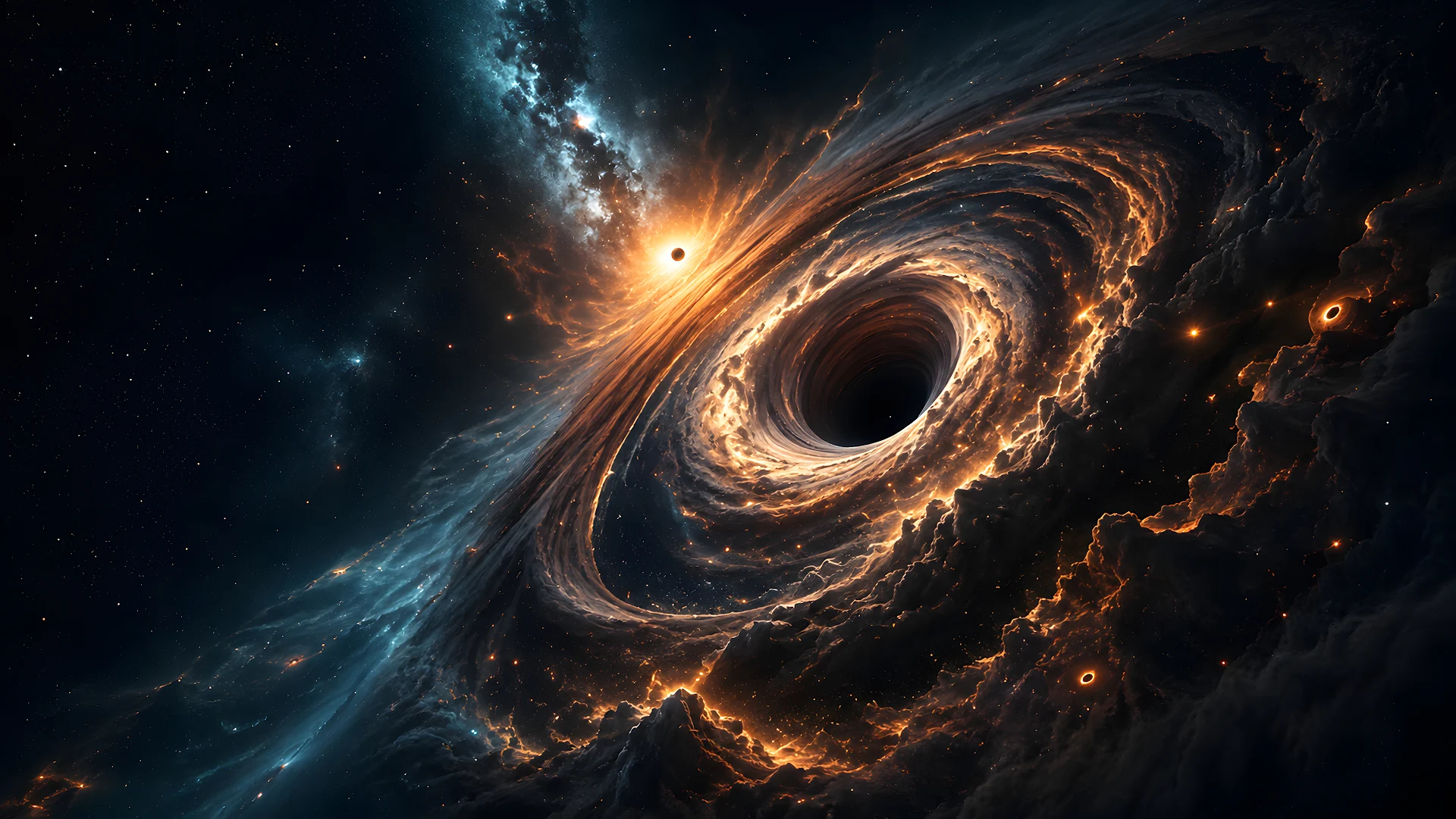 Cosmic supermassive black hole surrounded by glowing swirling accretion disk - Free 8K and 4K desktop Wallpaper Background