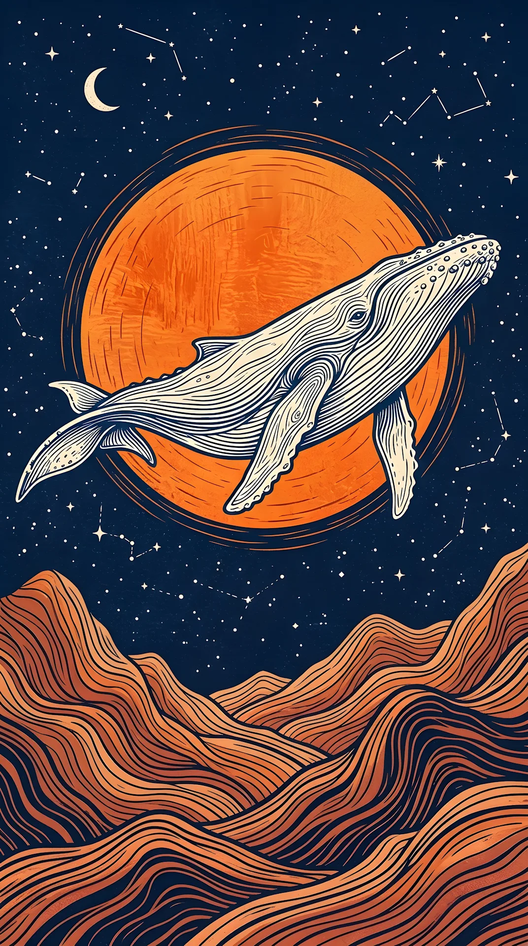 Cosmic Whale Flying over Abstract Wavy Mountains with Giant Sun - Free 4K mobile Wallpaper