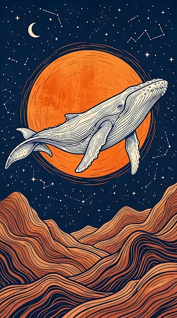 Cosmic Whale Flying over Abstract Wavy Mountains with Giant Sun - Free mobile Wallpaper