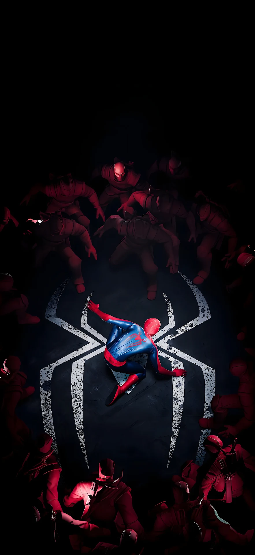 Costumed hero crouching inside a giant white spider symbol surrounded by shadows - Free 4K mobile Wallpaper